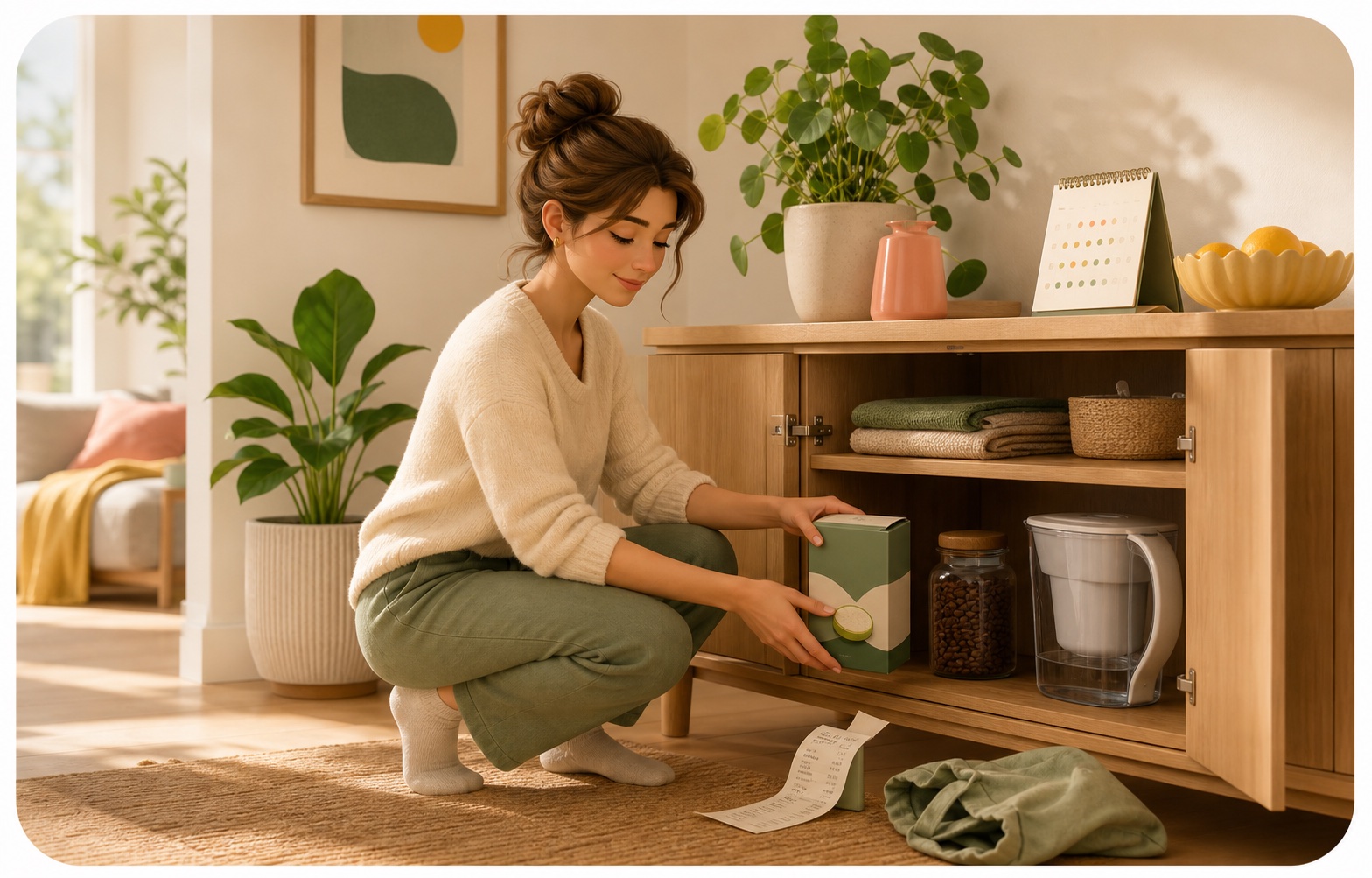 A calm home scene with a woman putting household supplies into a cabinet